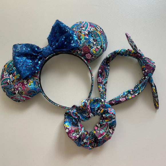 Mickey and Minnie paisley print ears, knotband and scrunchie